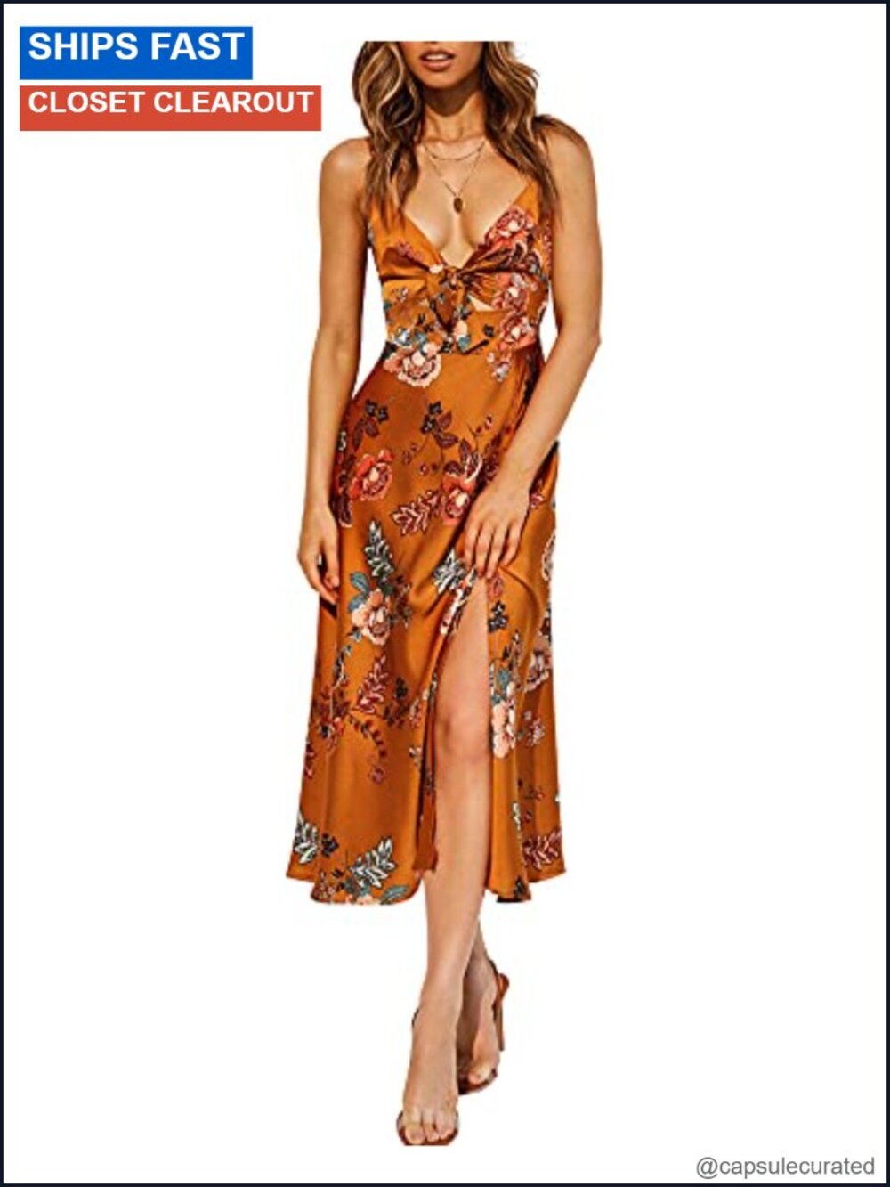 Spaghetti Strap Midi Satin Dress Tie Front Slit Cutout